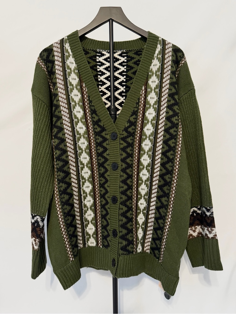 BloomChic Olive Green Geometric V-Neck Button Cardigan Large
